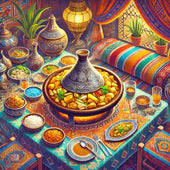 Tajine marocain traditionnel servi avec poteries colorées.