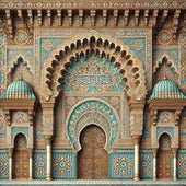 Illustration d'une medersa marocaine traditionnelle avec zelliges et bois sculpté.