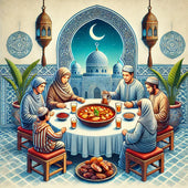 Famille rompant le jeûne avec harira et dattes pendant le Ramadan.