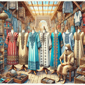 Illustration artistique de vêtements traditionnels marocains, notamment des caftans et djellabas, dans un souk coloré avec des broderies détaillées.