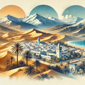 Illustration artistique des paysages marocains : montagnes de l'Atlas enneigées, dunes dorées du Sahara et vue côtière de la ville d'Essaouira avec ses bâtiments blancs et bleus.