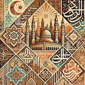 Illustration artistique de la culture arabe avec motifs géométriques et symboles traditionnels.