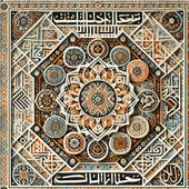 Illustration moderne de la culture arabe avec motifs géométriques et calligraphie.