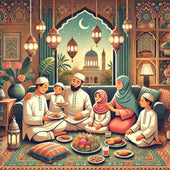Illustration artistique d’une famille musulmane célébrant l’Aïd, partageant un repas festif dans une maison décorée traditionnellement.