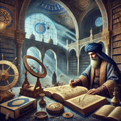 Un érudit islamique médiéval dans une grande bibliothèque, étudiant des manuscrits avec des instruments mathématiques et astronomiques.