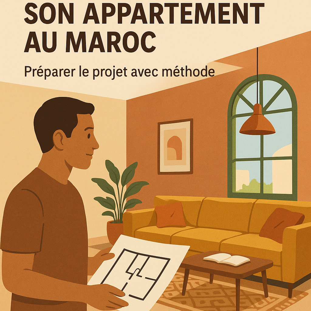 Illustration d’un homme consultant un plan de rénovation dans un salon marocain lumineux, décoré avec un canapé ocre, une verrière verte et des touches de design traditionnel.